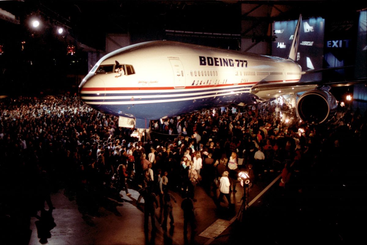The Boeing Co.’s newest jet, the 777, was rolled out for viewing April 9, 1994, in Everett, Washington, in a gala that included 10,000 invited guests.  (Greg Gilbert/The Seattle Times/The Seattle Times)